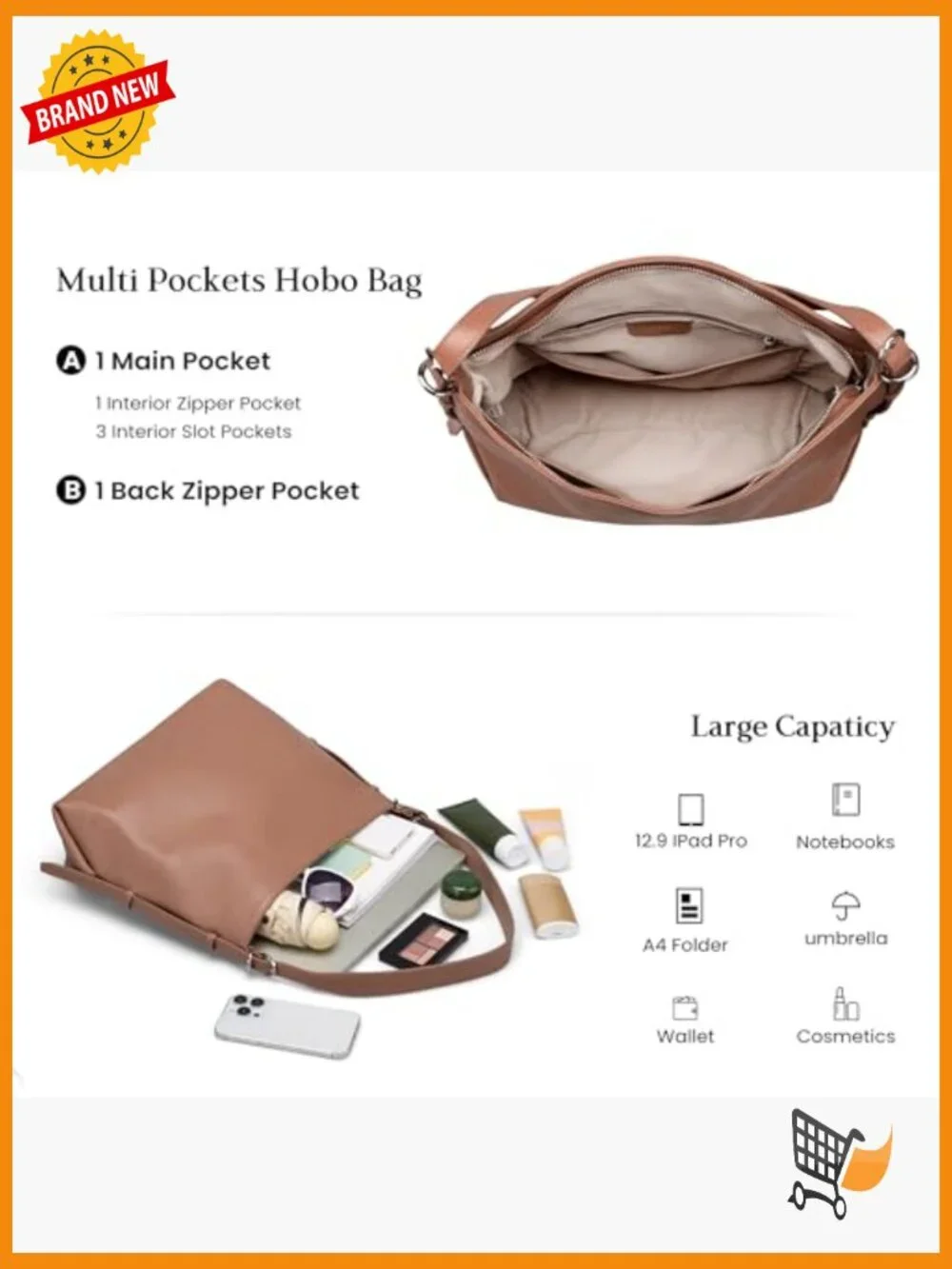 Genuine Leather Crossbody Hobo Bag with 2 Straps Large Capacity
